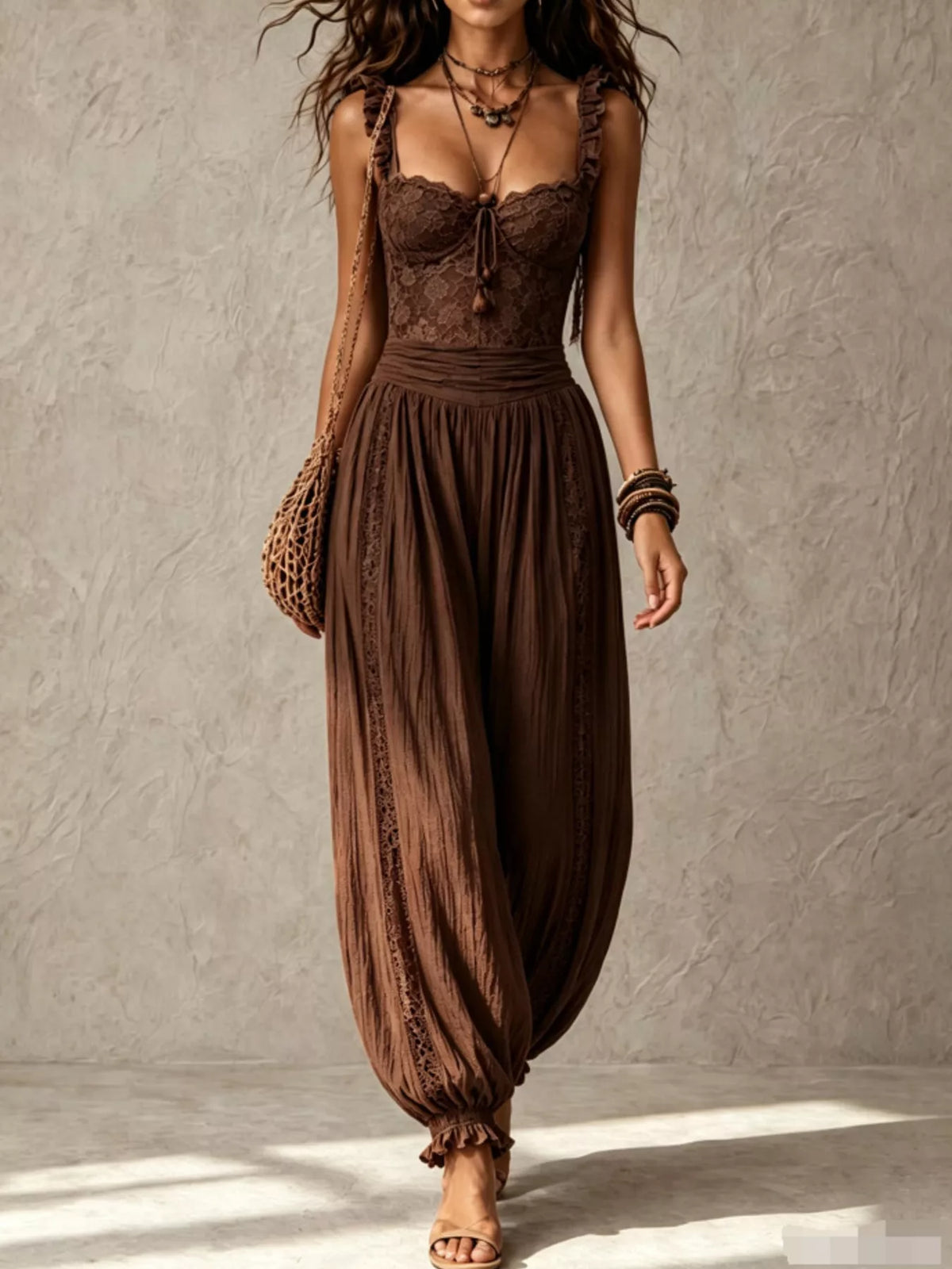 Boho Lace Corset Jumpsuit with Harem Pants