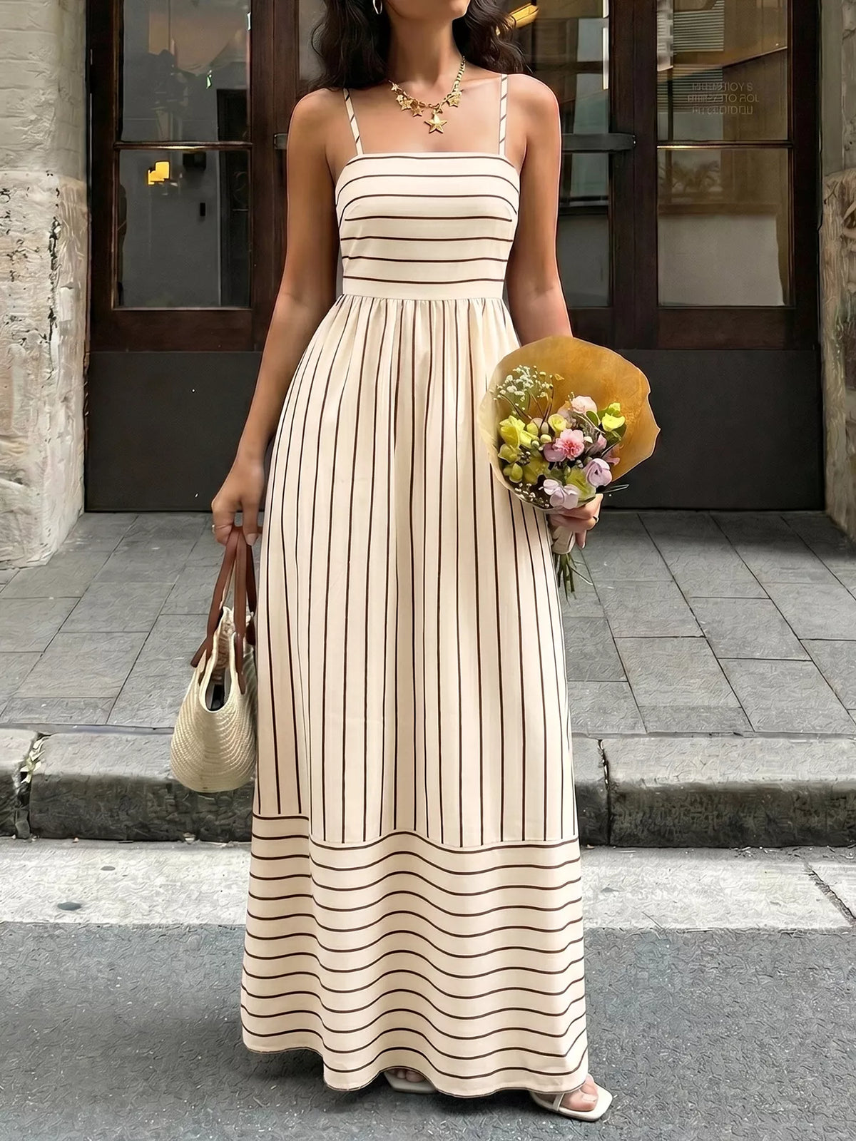 Striped Spaghetti Strap Maxi Dress with Cutout