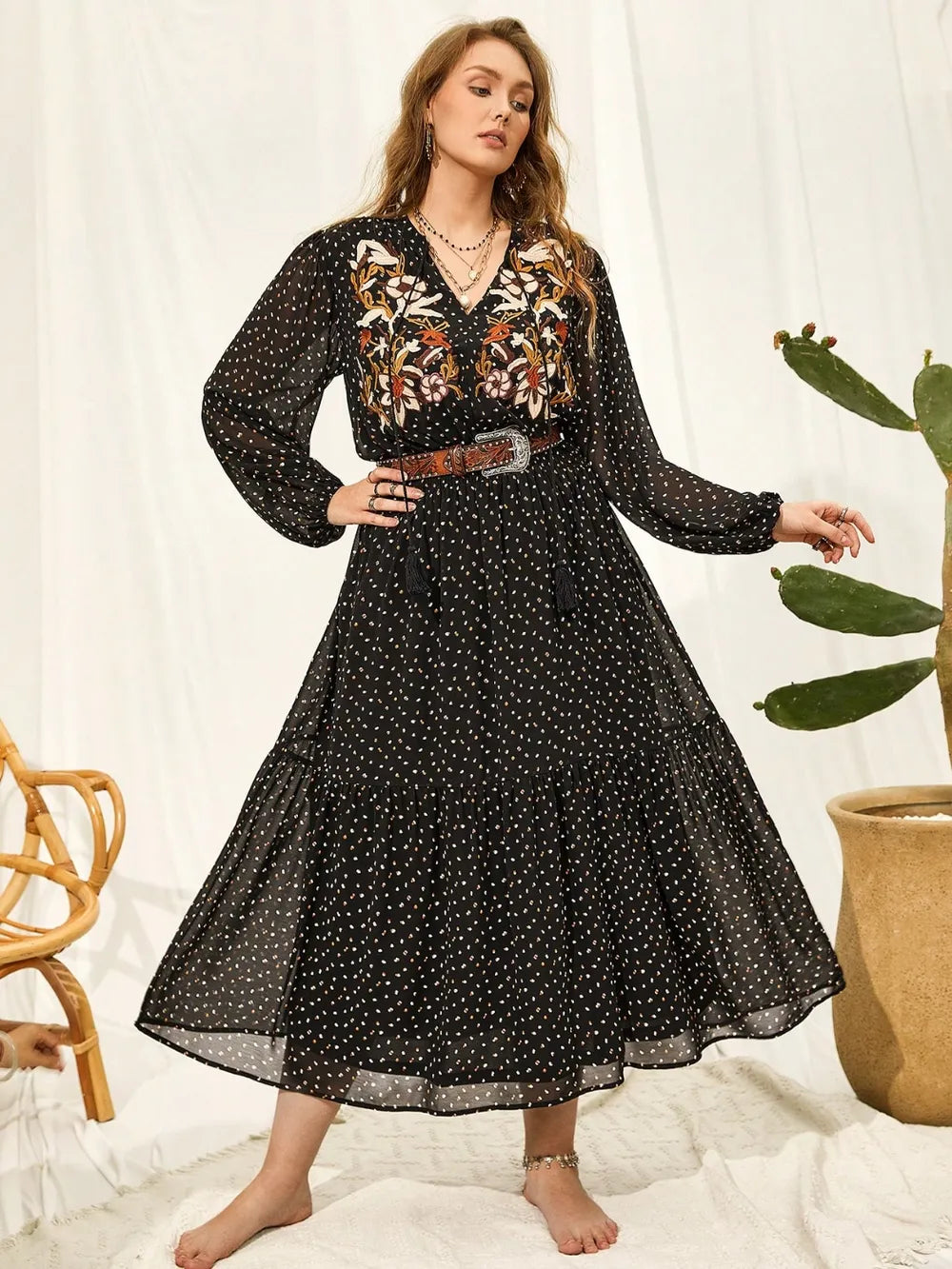 Embroidered Balloon Sleeve Dress in Black