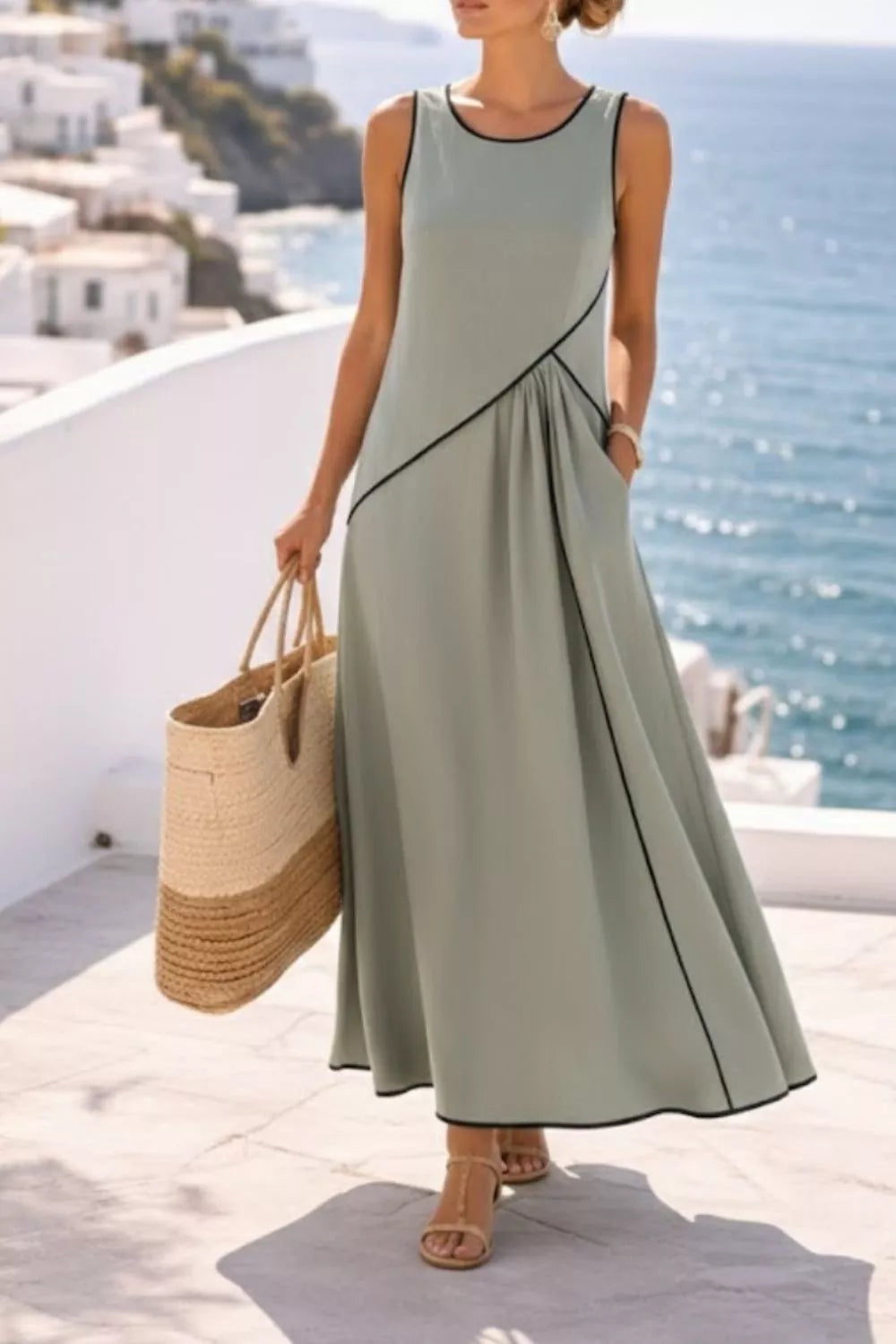Sleeveless Maxi Dress with Contrast Trim and Pockets