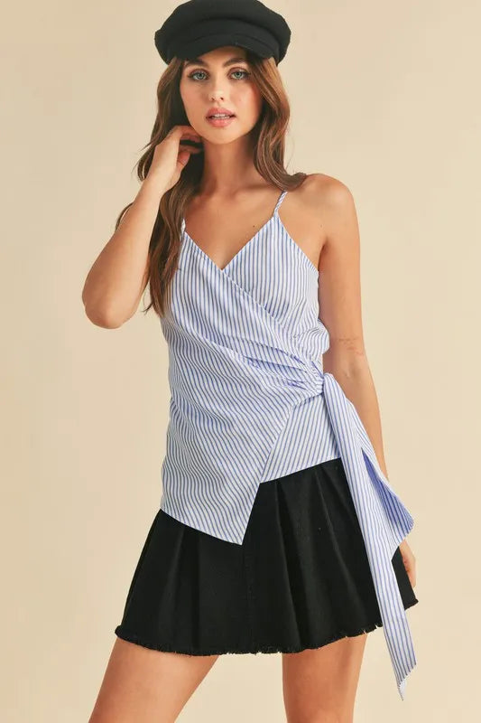 Side Knot Surplice Striped Cami in White and Sky in White/Sky