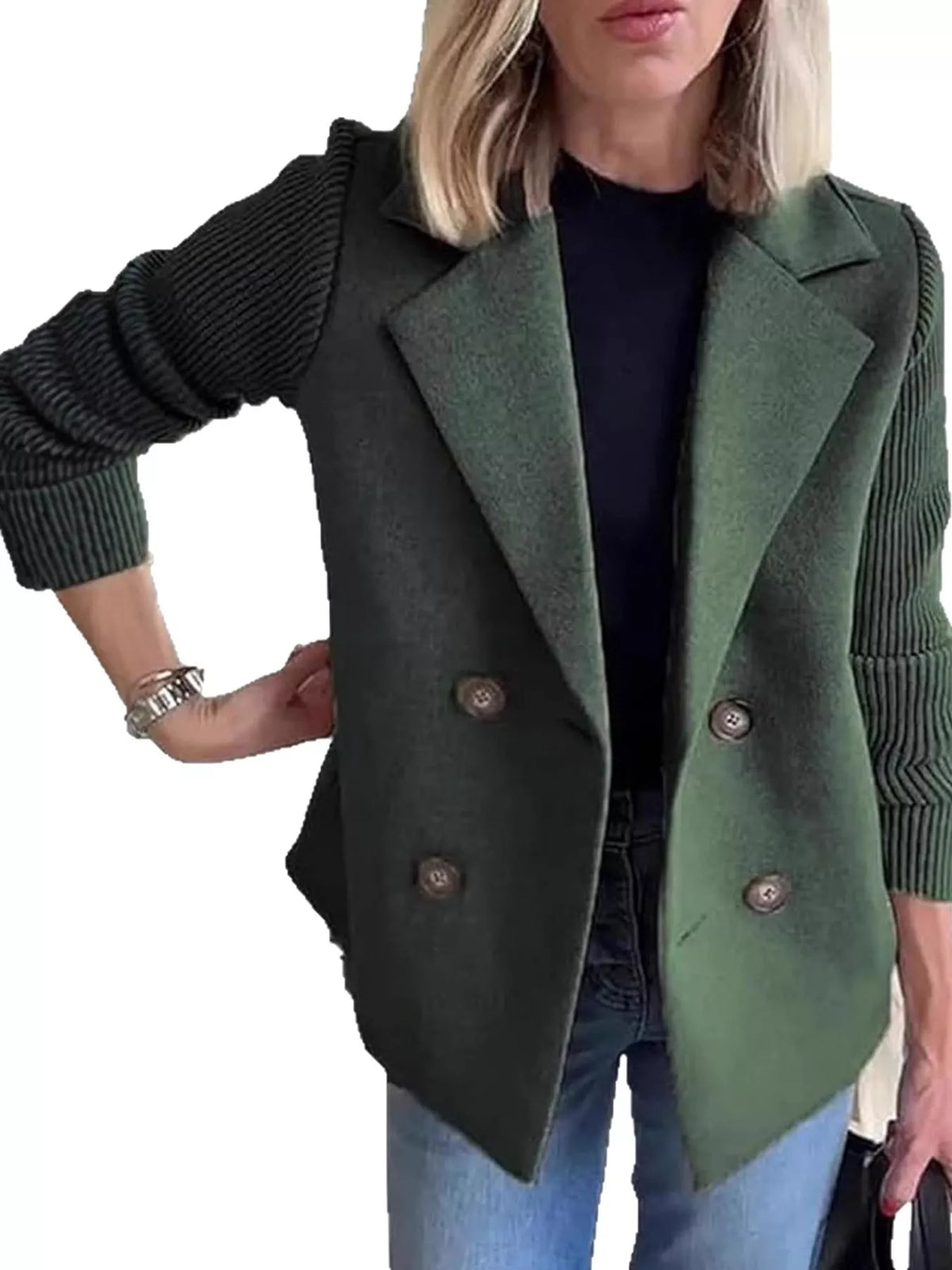 Double-Breasted Hybrid Blazer with Ribbed Knit Sleeves