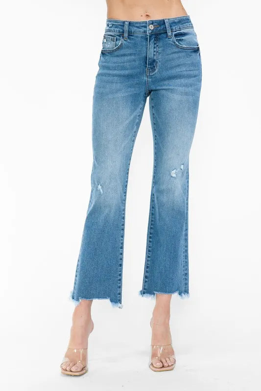 Raw Hem Distressed Mid Rise Crop Jeans in Medium Wash