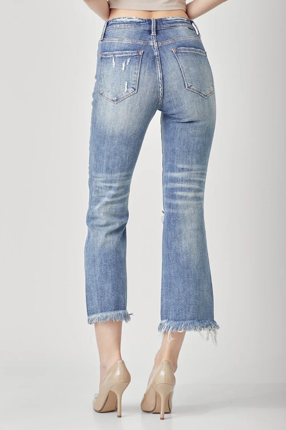 Risen High Waist Distressed Cropped Bootcut Jeans in Dark