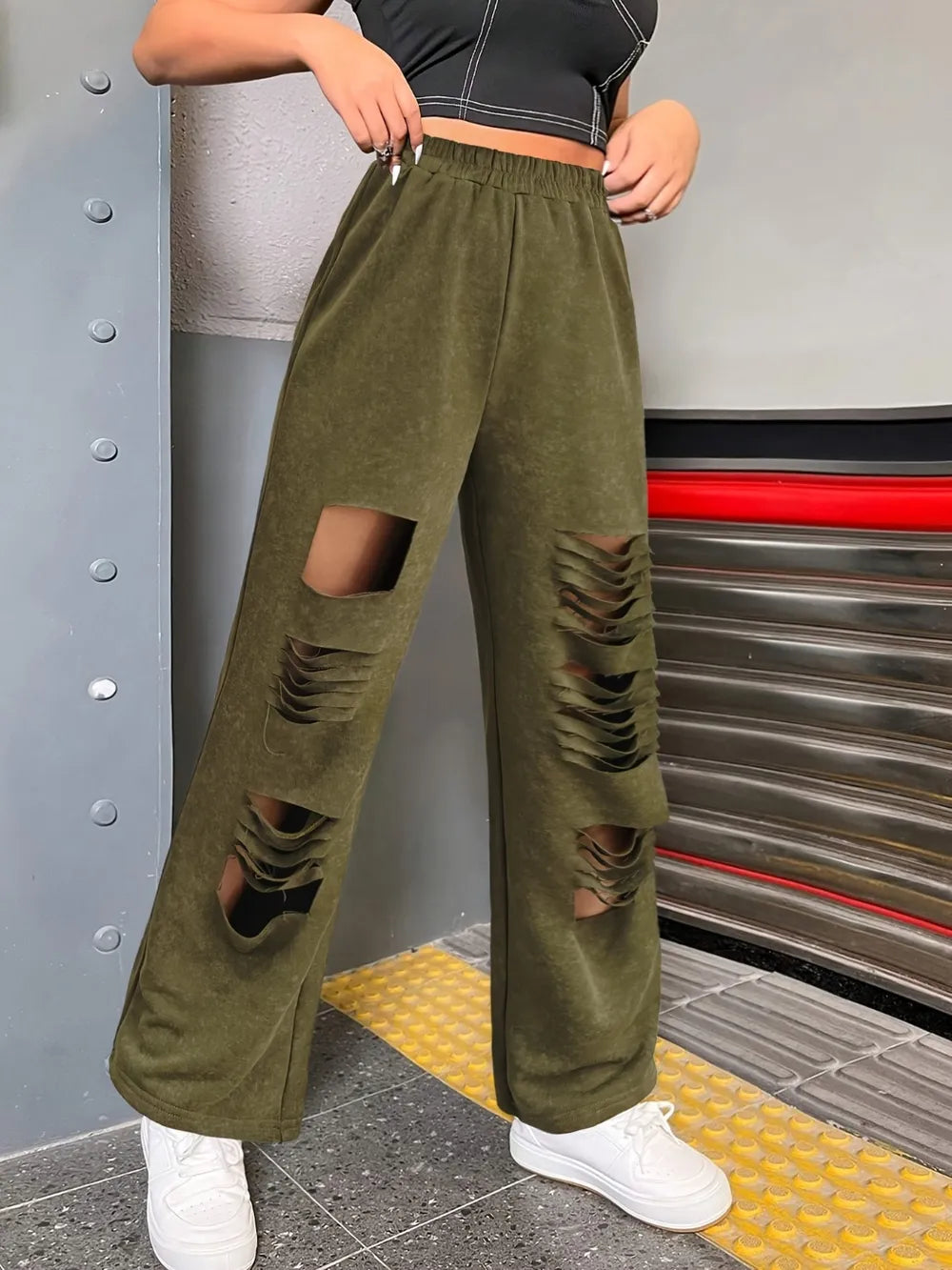 Distressed Straight Leg Pants in Army Green