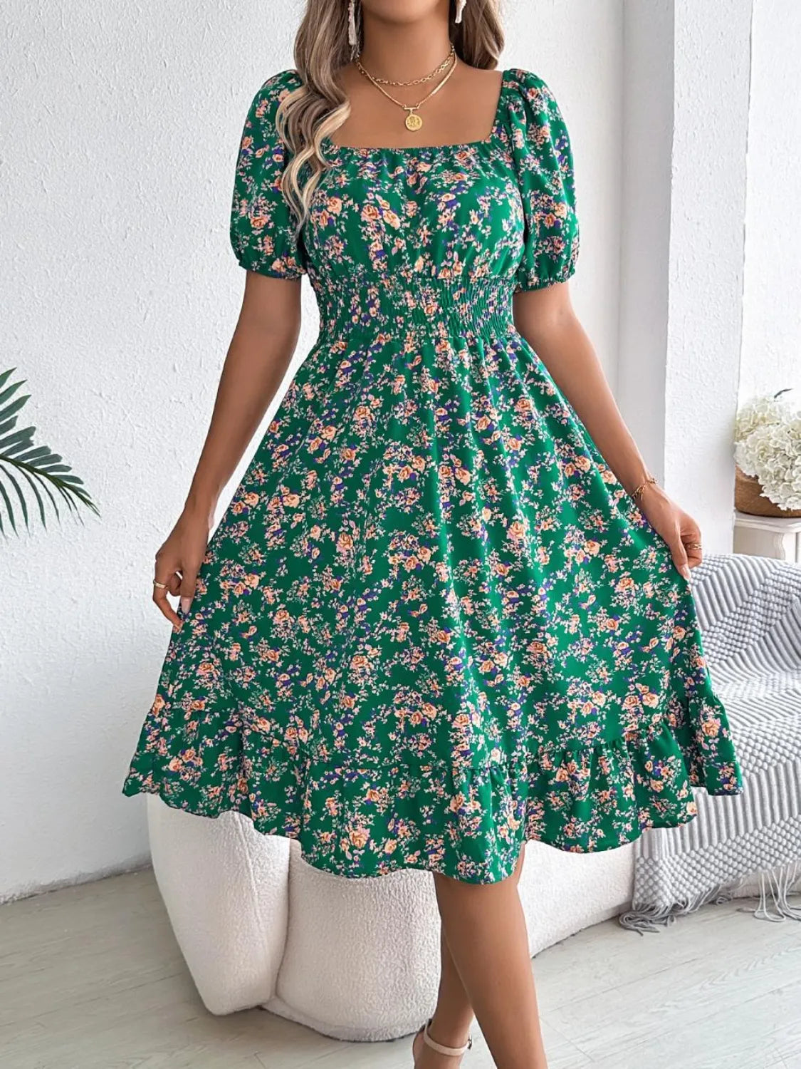 Ruffled Hem Floral Puff Sleeve Dress