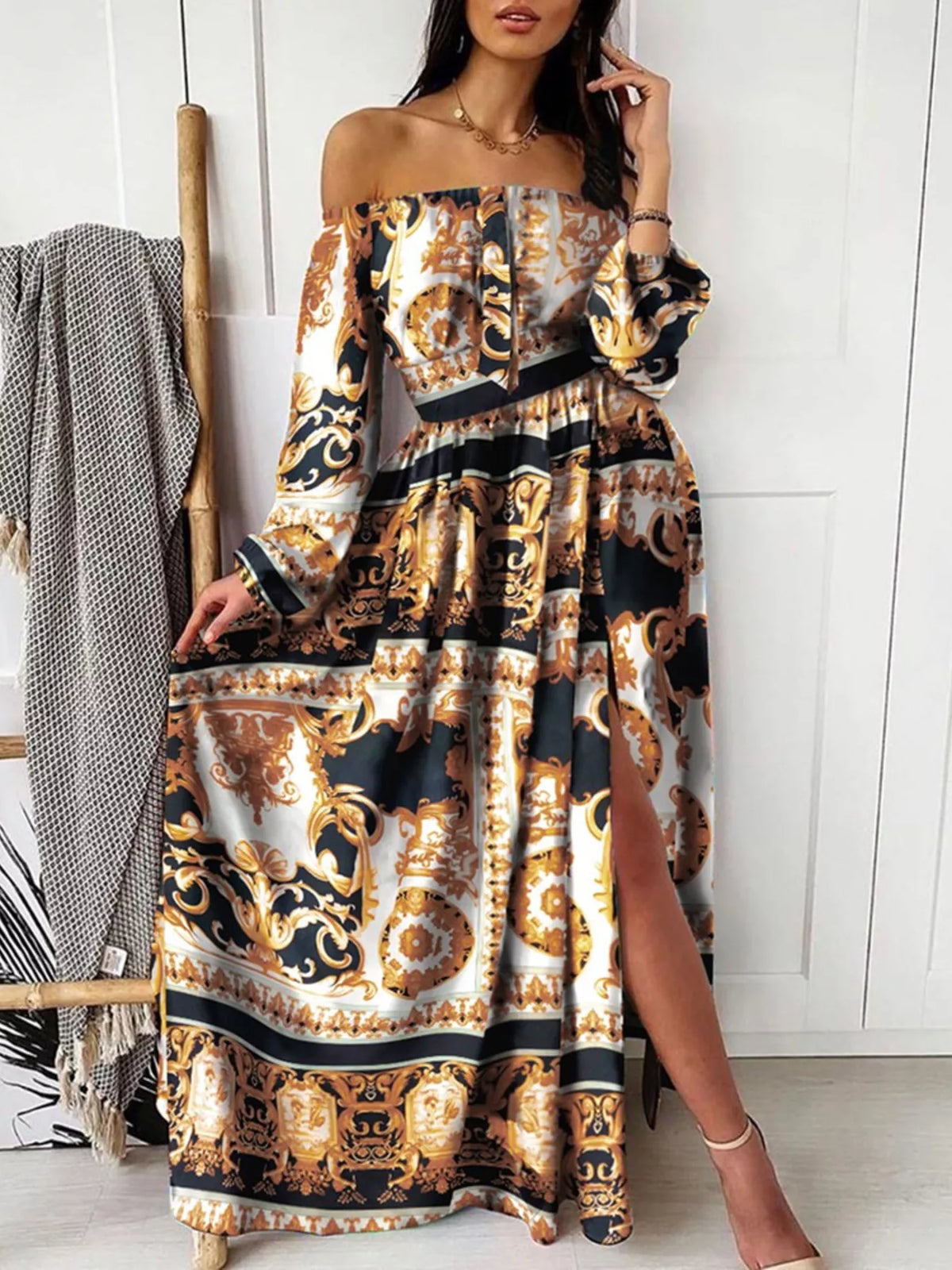 Printed Off-Shoulder Maxi Dress with Slit