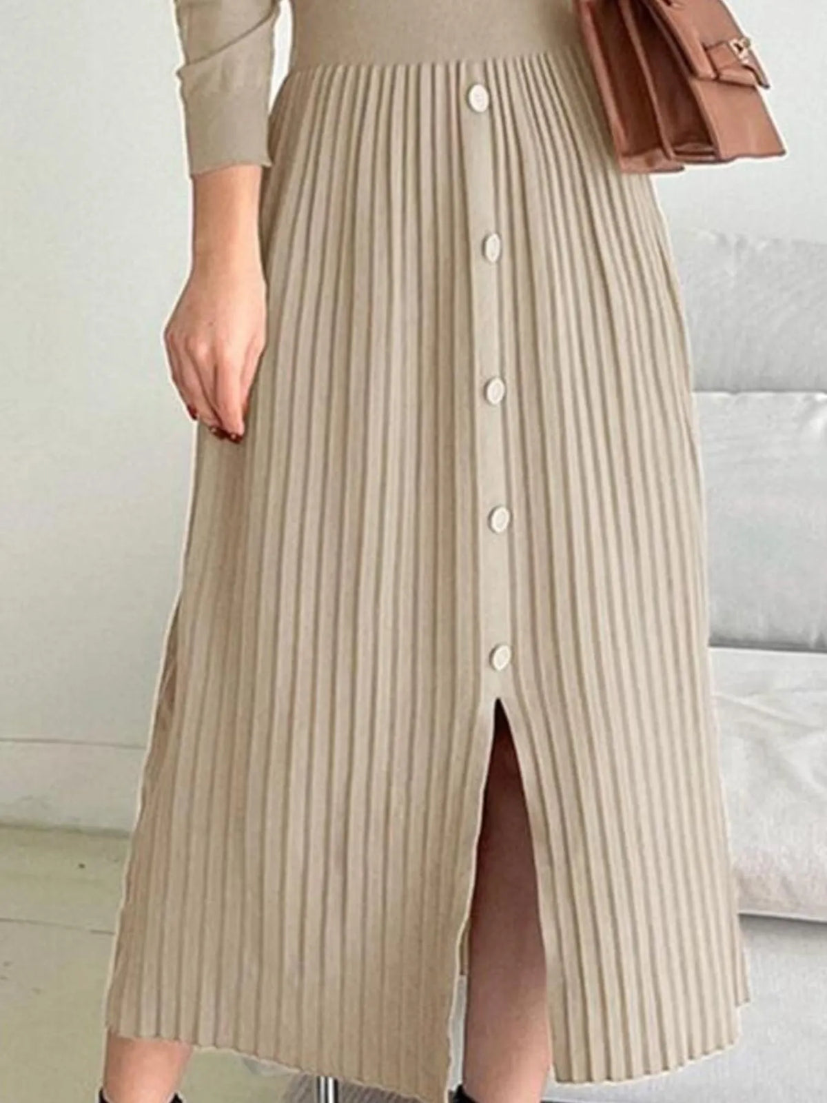 Slit Front Mock Neck Long Sleeve Knit Dress