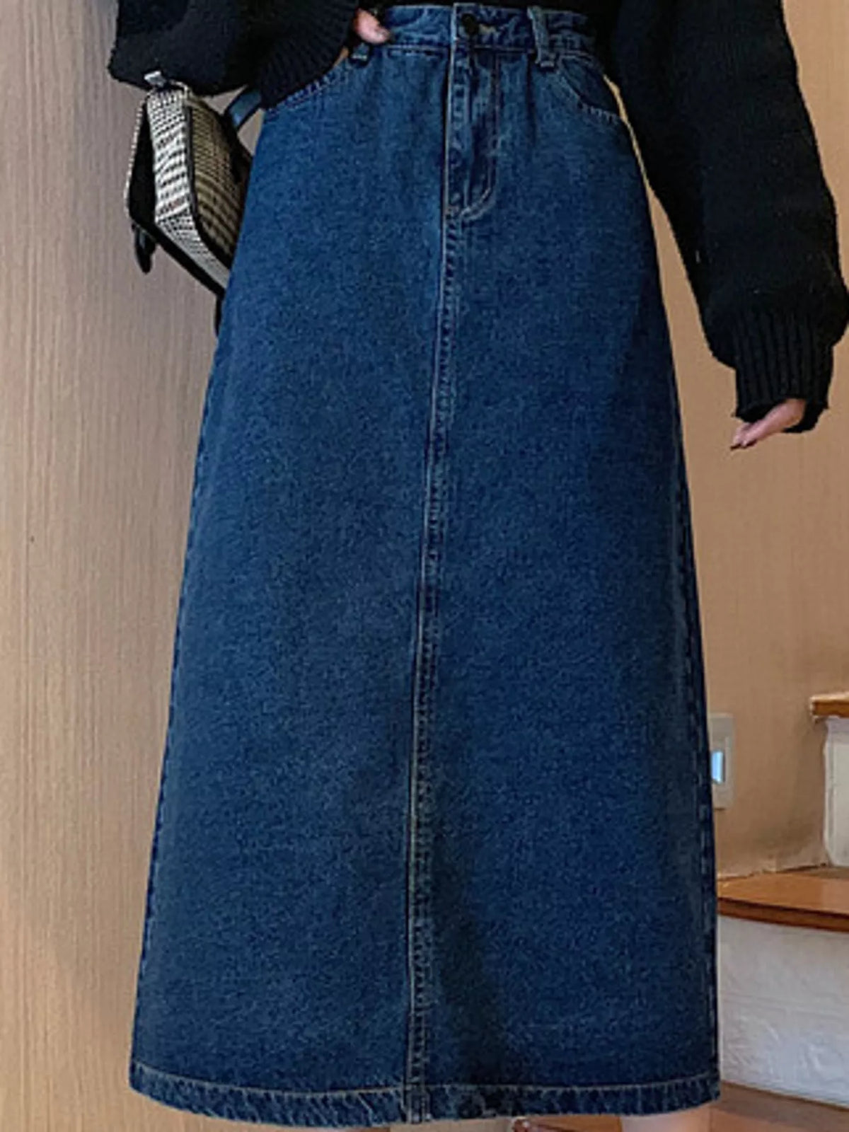 High-Waisted Vintage Wash Midi Denim Skirt