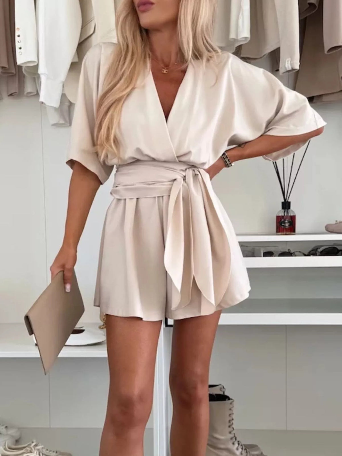 Belted Surplice Tie-Waist Romper