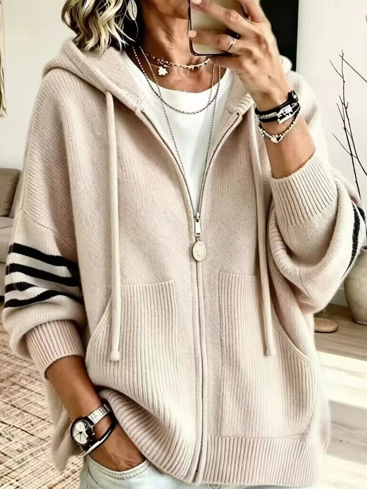 Hooded Zip-Up Knit Cardigan