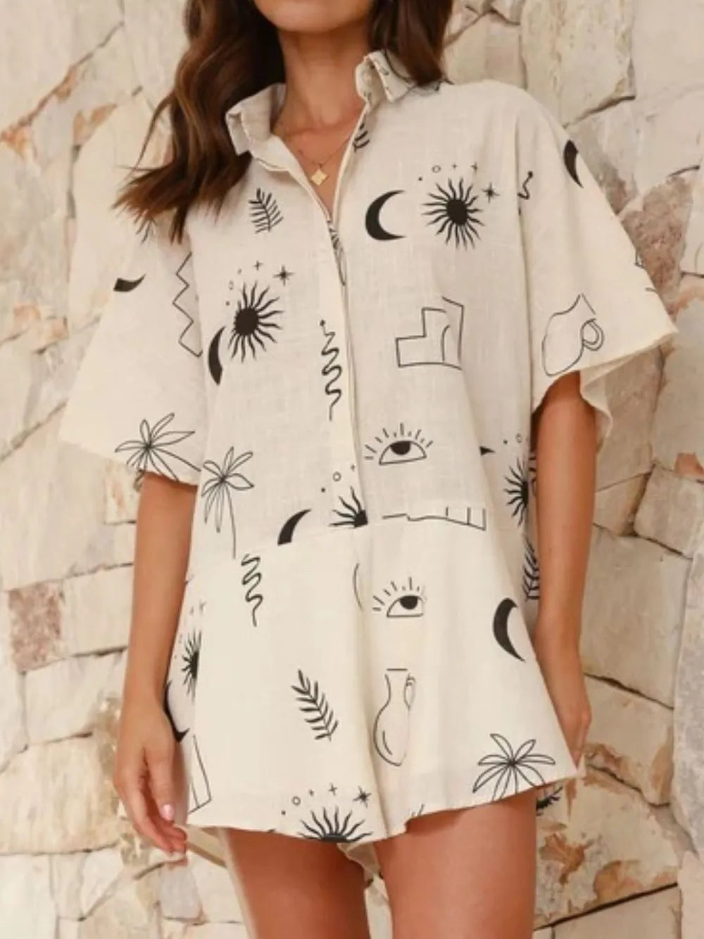 Collared Half-Sleeve Romper in Beige