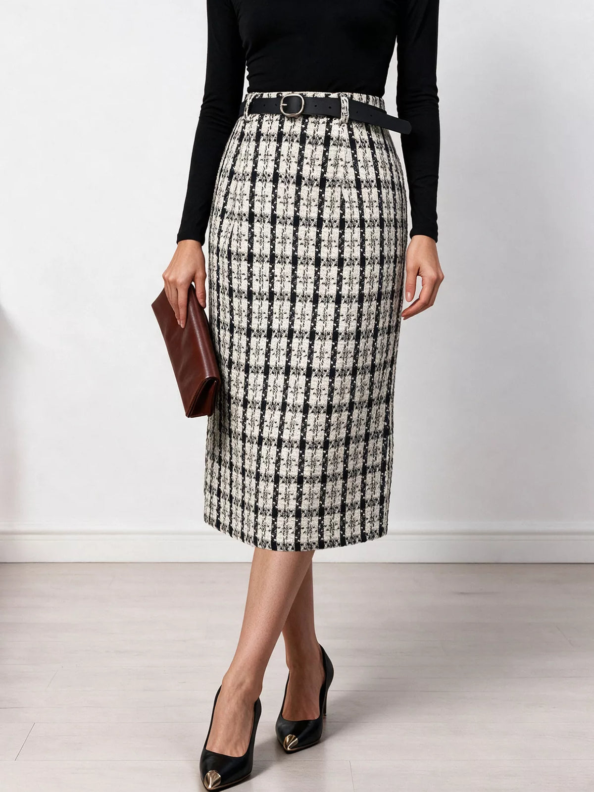 Black High-Waisted Tweed Plaid Midi Skirt