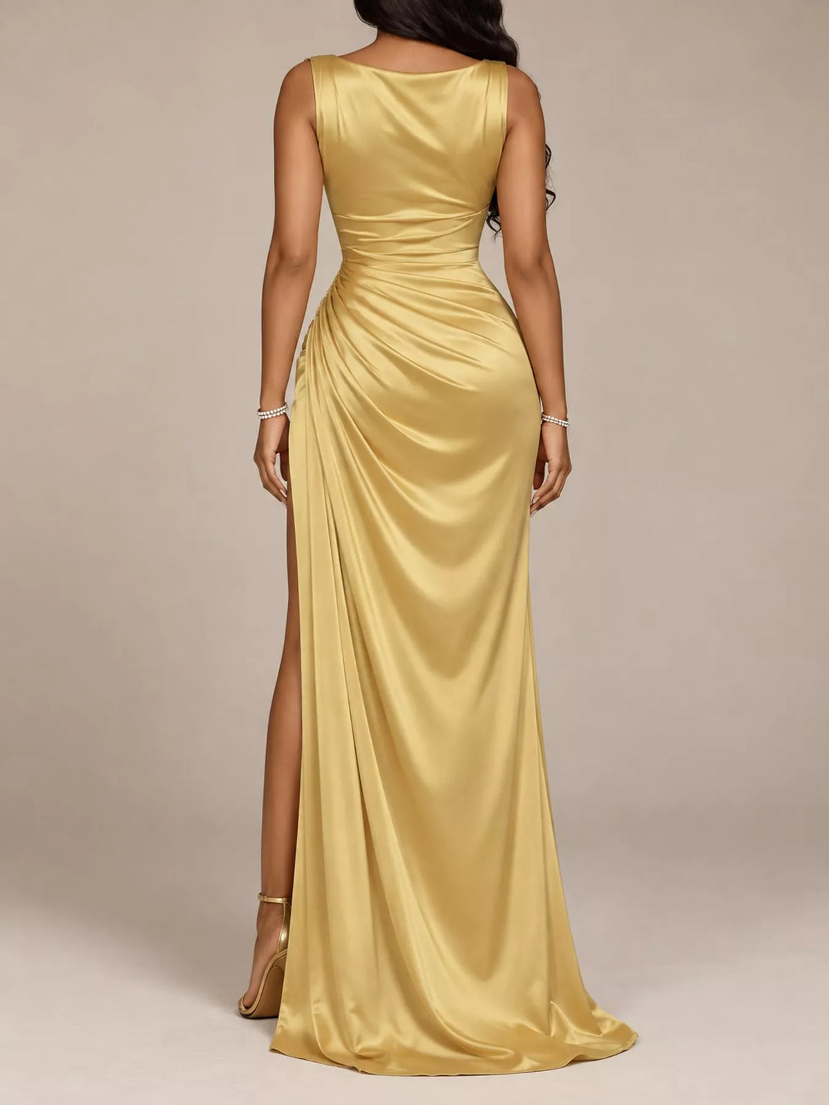 Satin Cowl Neck High-Slit Evening Maxi Dress