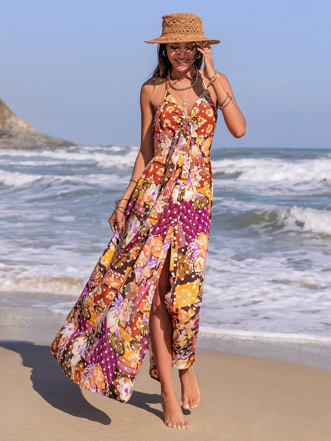 Printed Halter Neck Cami Dress in Multicolor