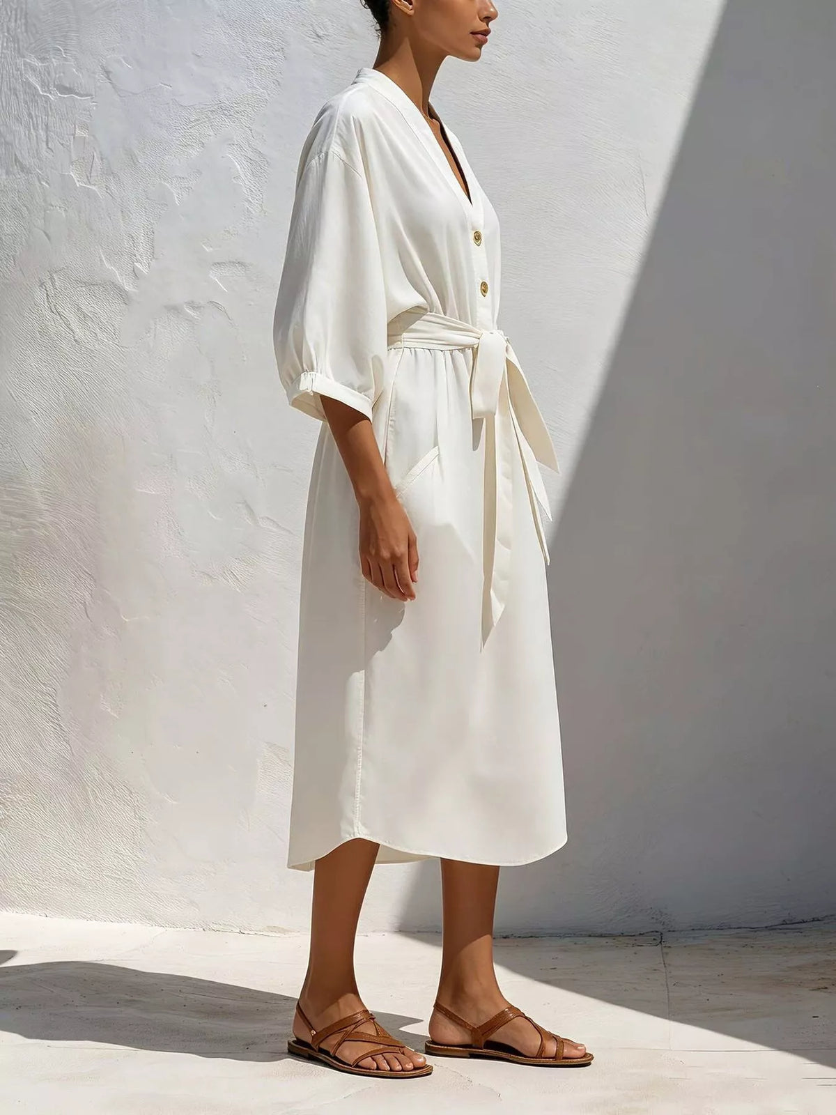 Tie-Waist V-Neck Button Midi Dress