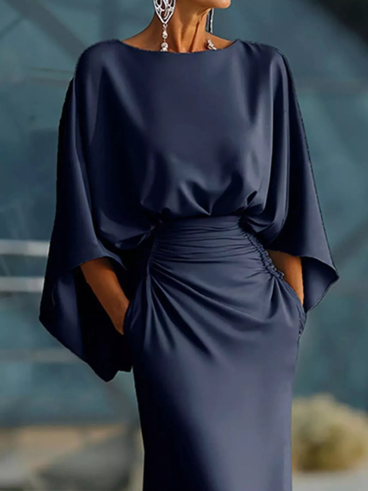Ruched Batwing Sleeve Maxi Dress