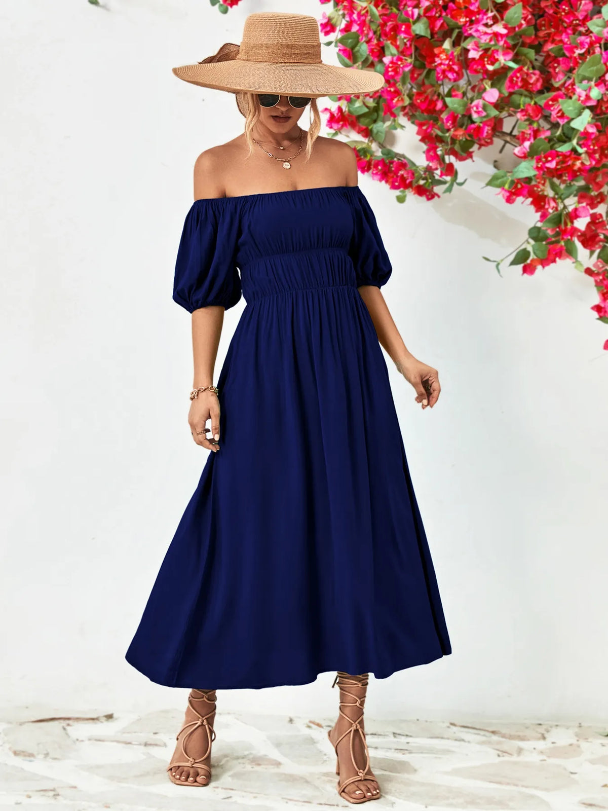 Off-Shoulder Puff-Sleeve Smocked Maxi Dress