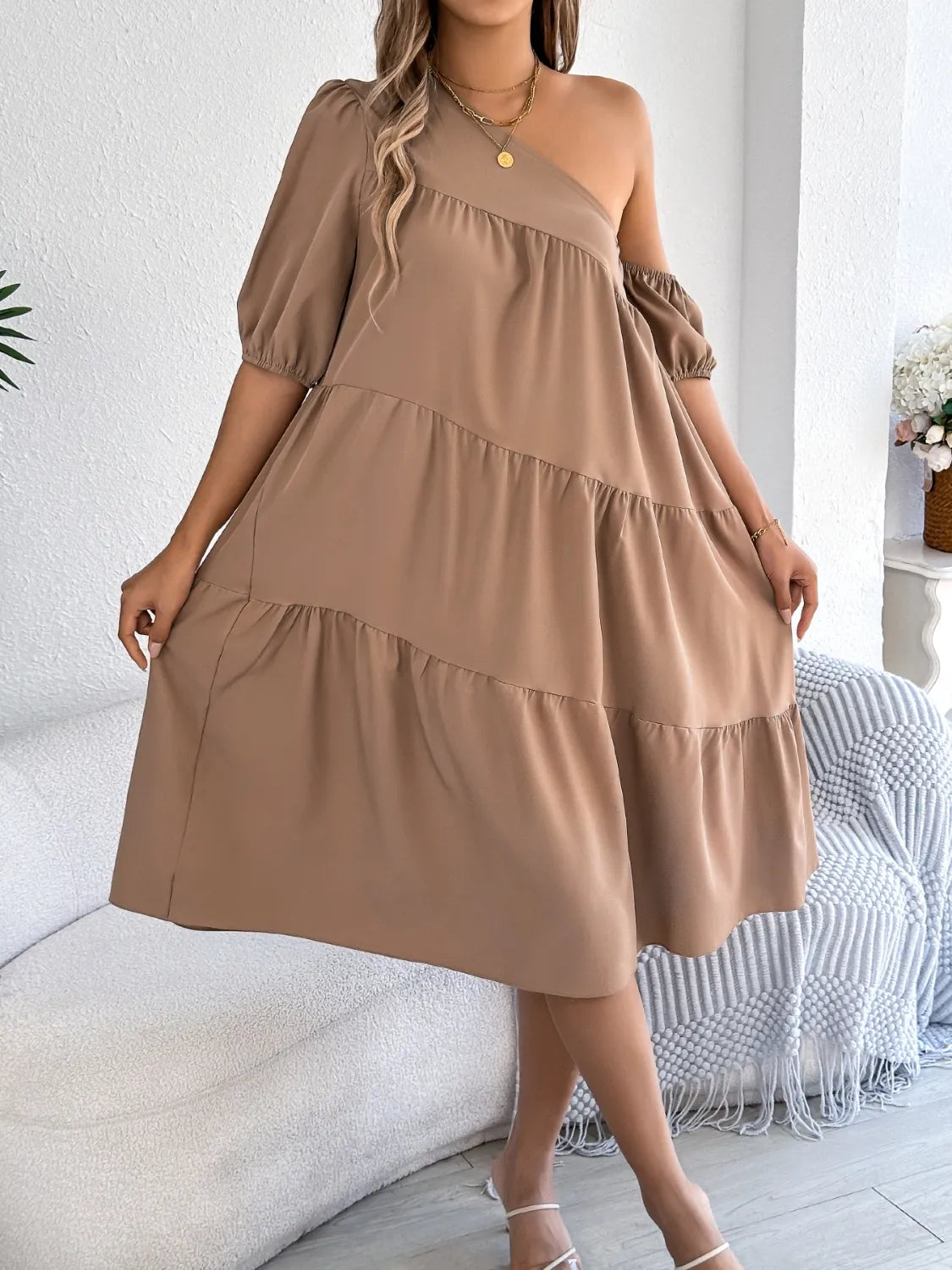 Asymmetrical Single-Shoulder Tiered Dress