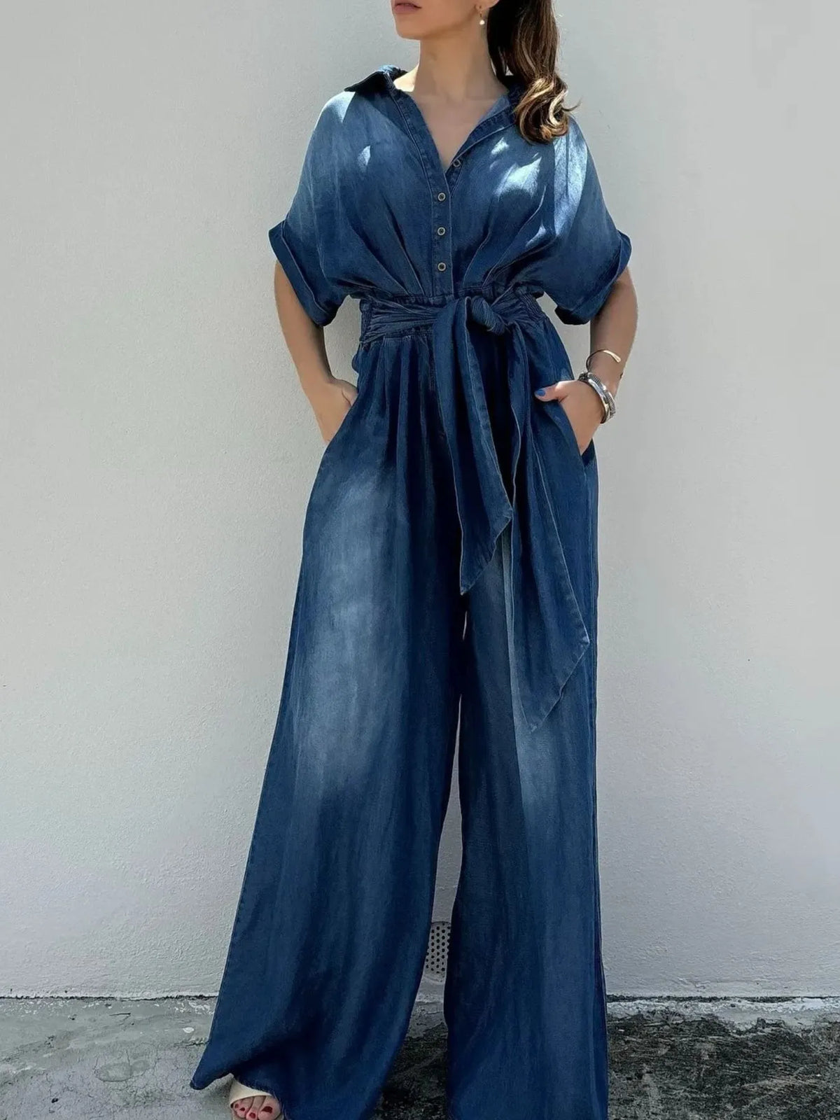 Button Front Wide Leg Denim Jumpsuit