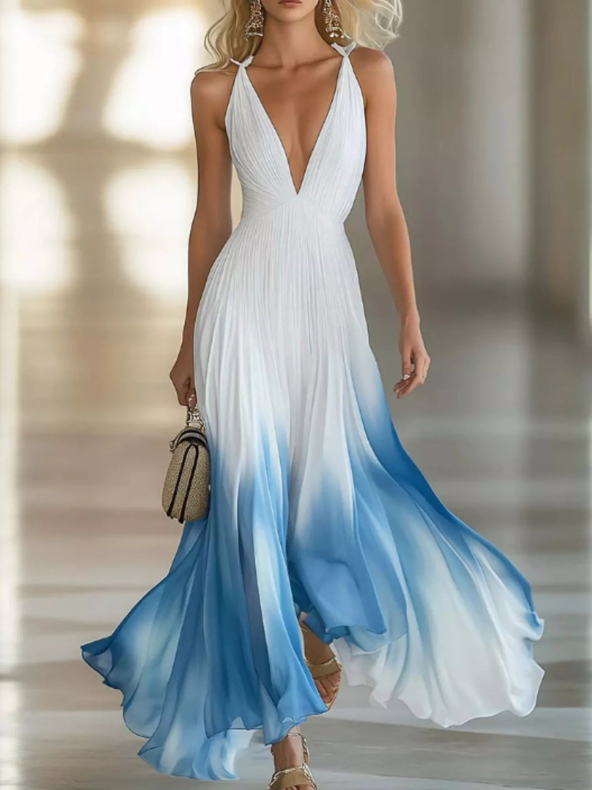 Gradient V-Neck Maxi Dress in White
