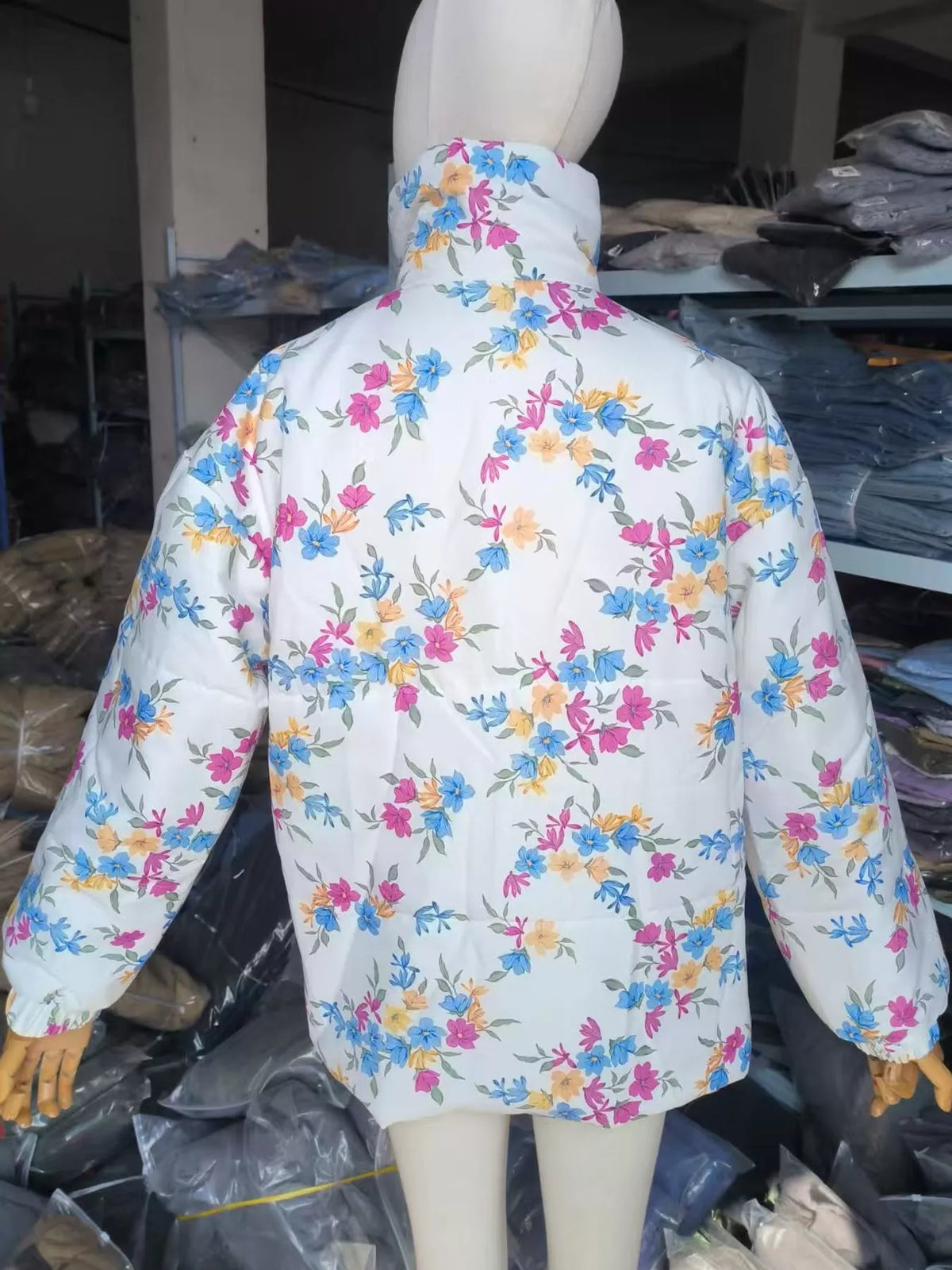 Floral Print Oversized Puffer Jacket in White