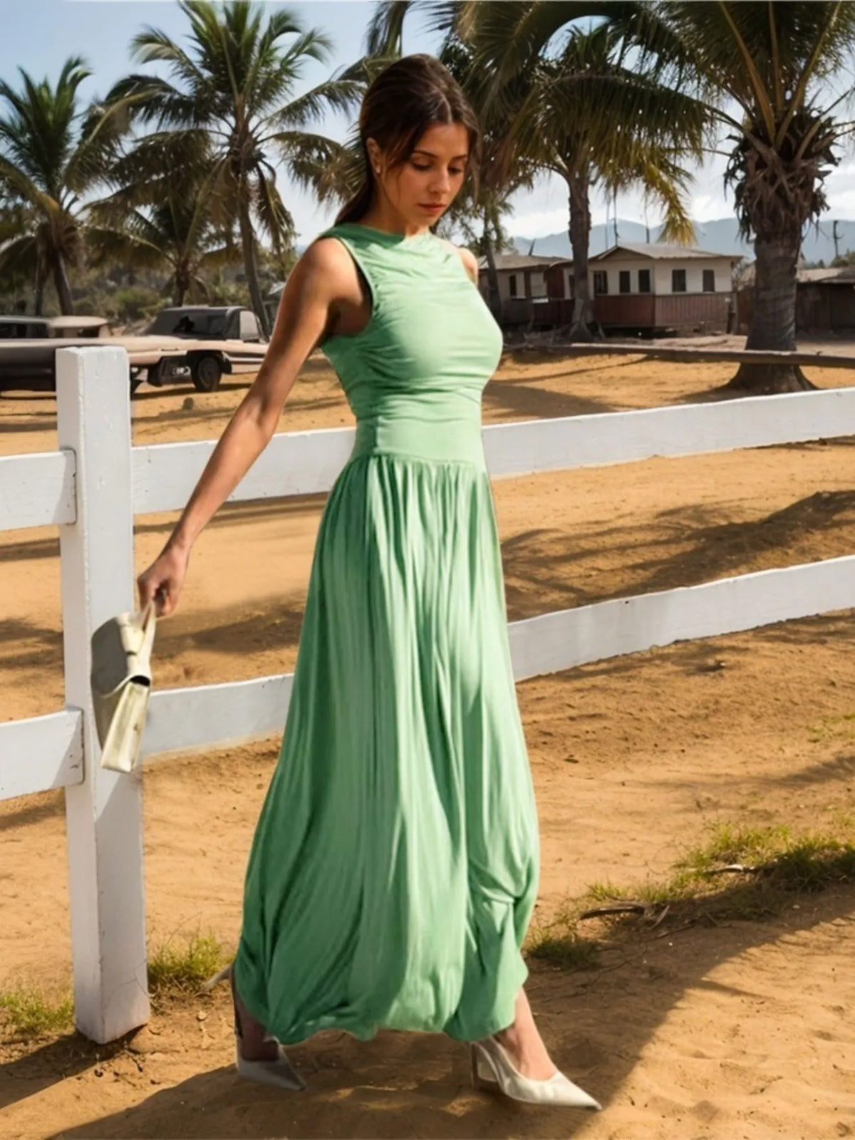 Ruched Sleeveless Maxi Dress in Mint Green