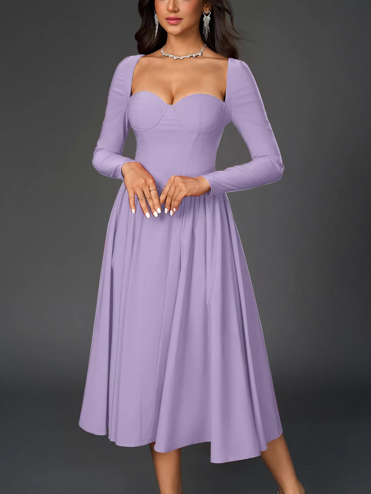 Sweetheart Neckline Long Sleeve A-Line Midi Dress