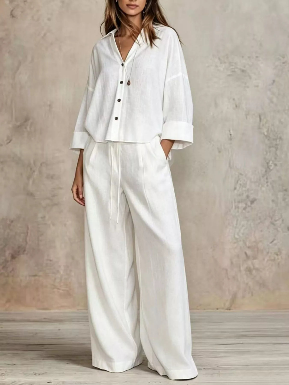 Button-Down Shirt and Wide-Leg Pants Set