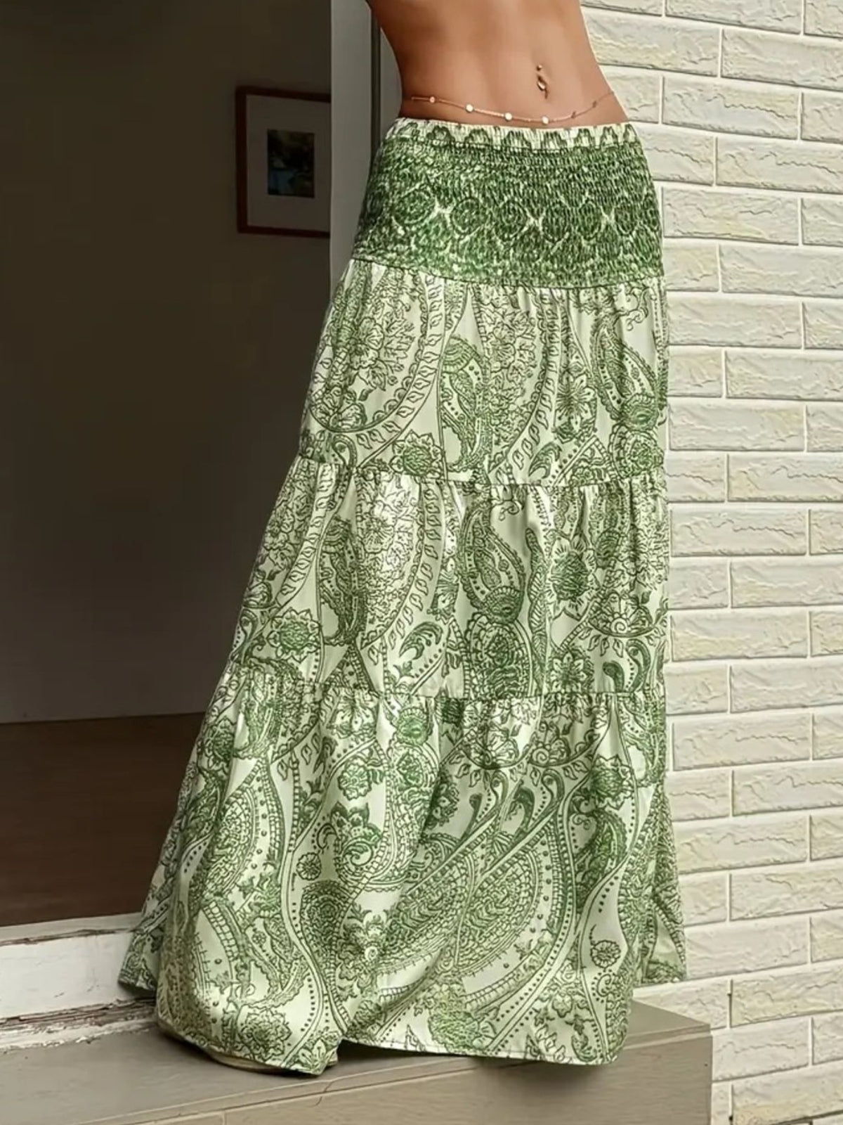 Smocked Paisley Print Maxi Skirt