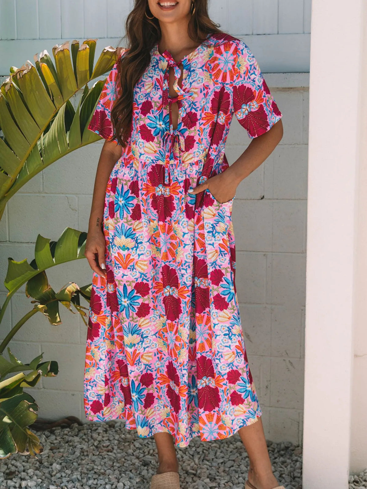 Floral Print Tie-Front Midi Dress