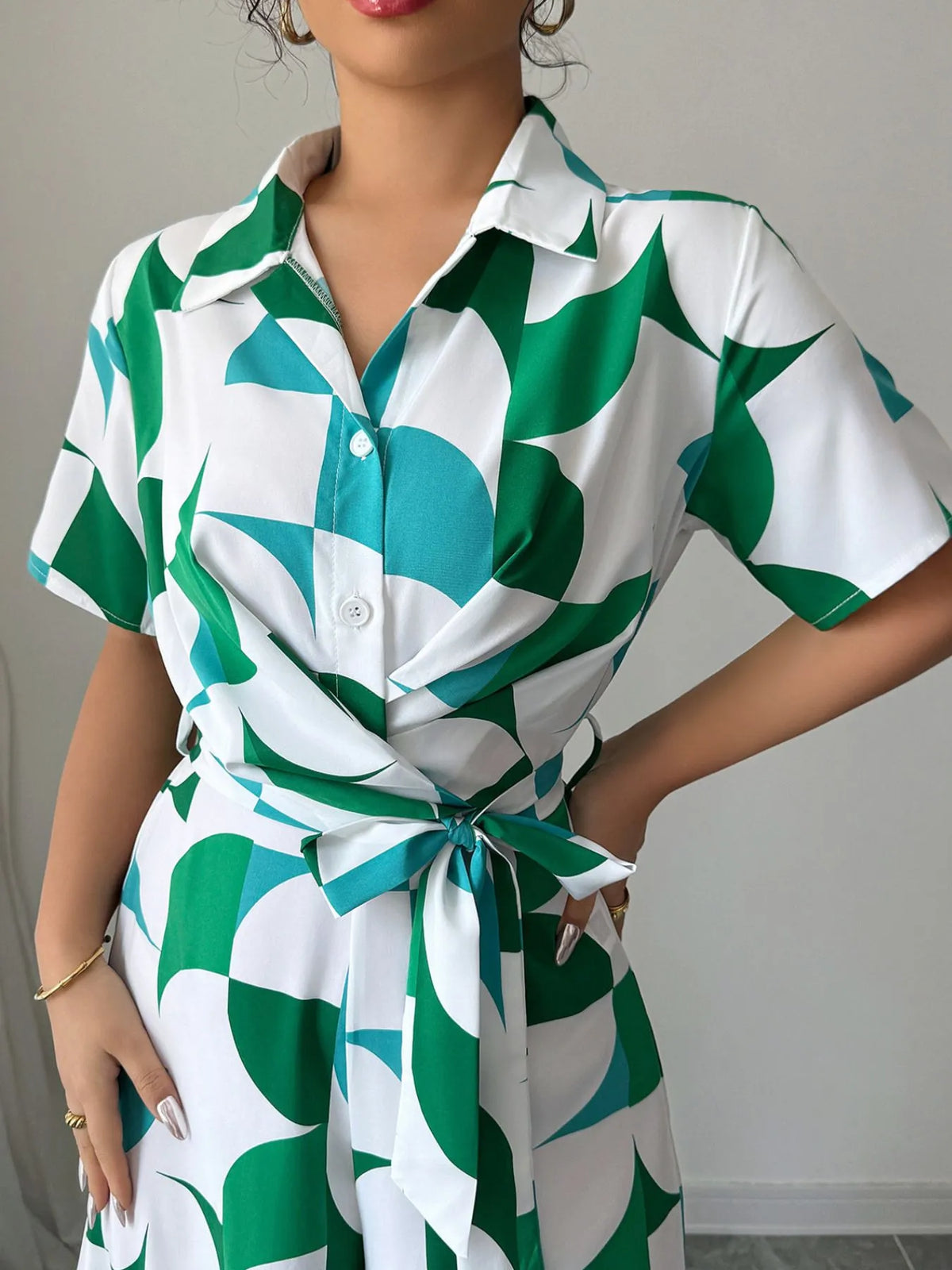 Printed Wide-Leg Belted Jumpsuit in Turquoise