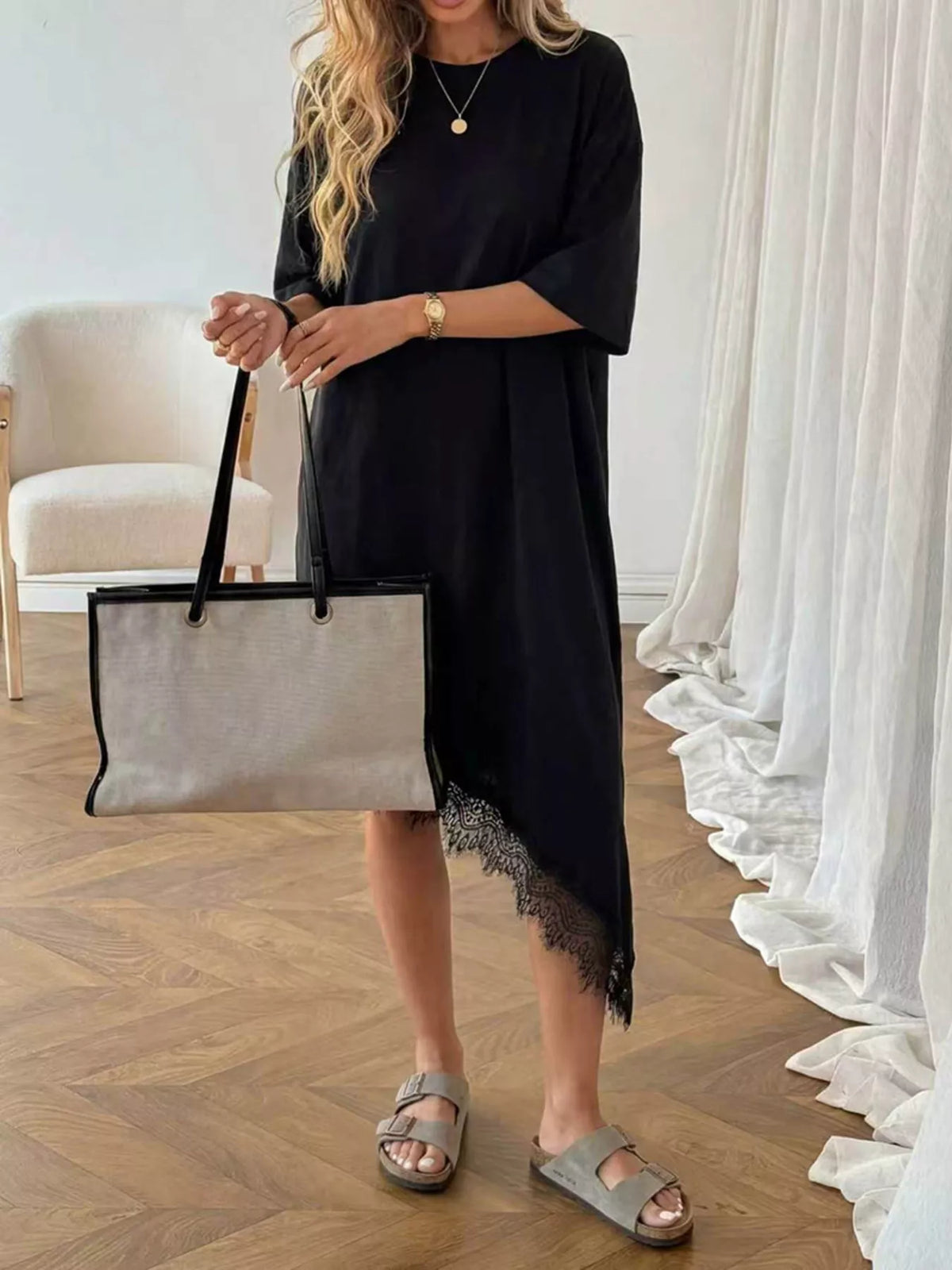 Asymmetrical Hem T-Shirt Dress with Lace Trim