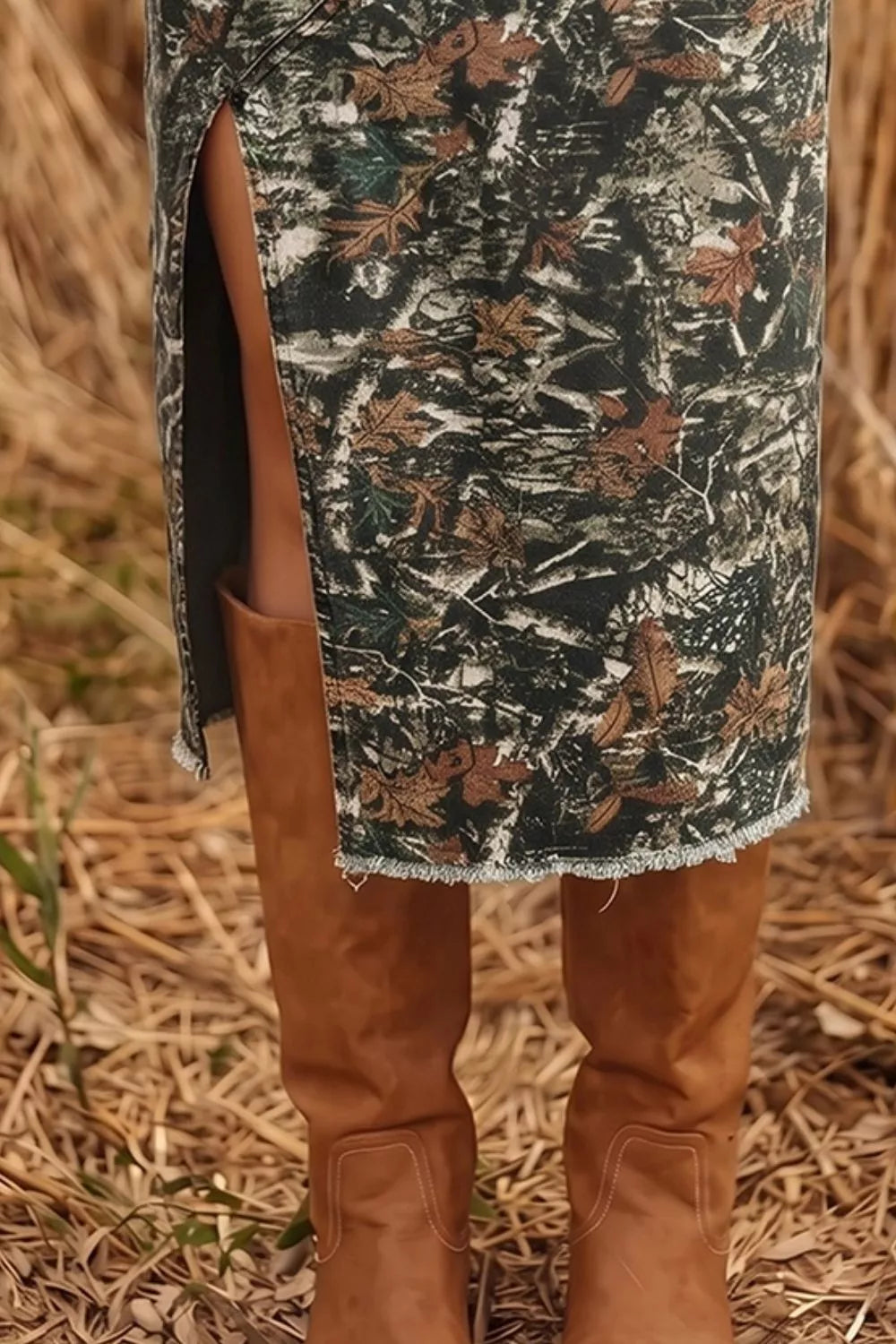 Printed Denim Midi Skirt in Dark Green