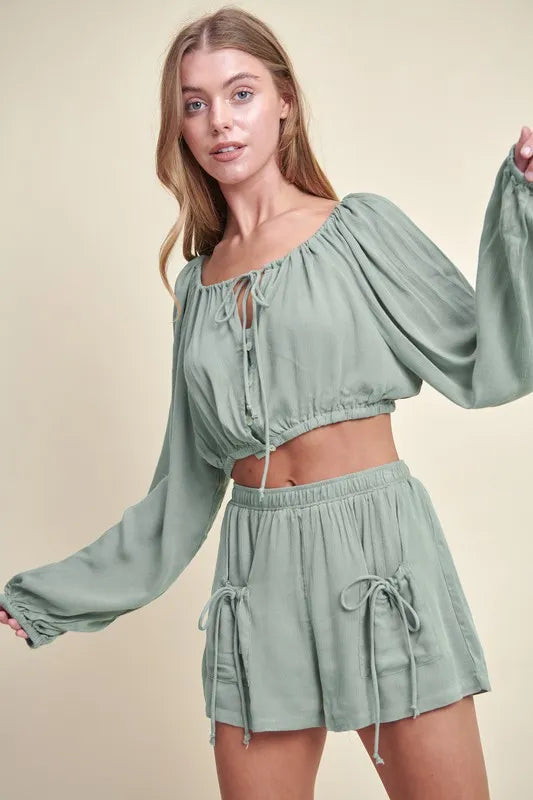 Gauze Button Top & Short Set in Dusty Sage