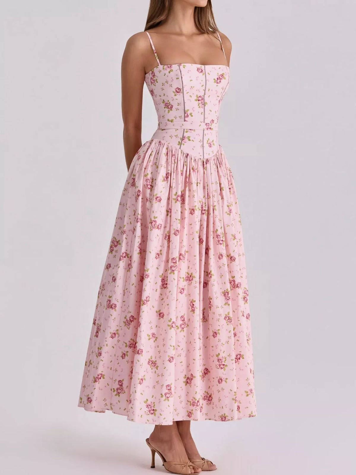 Floral Spaghetti Strap Midi Dress in White