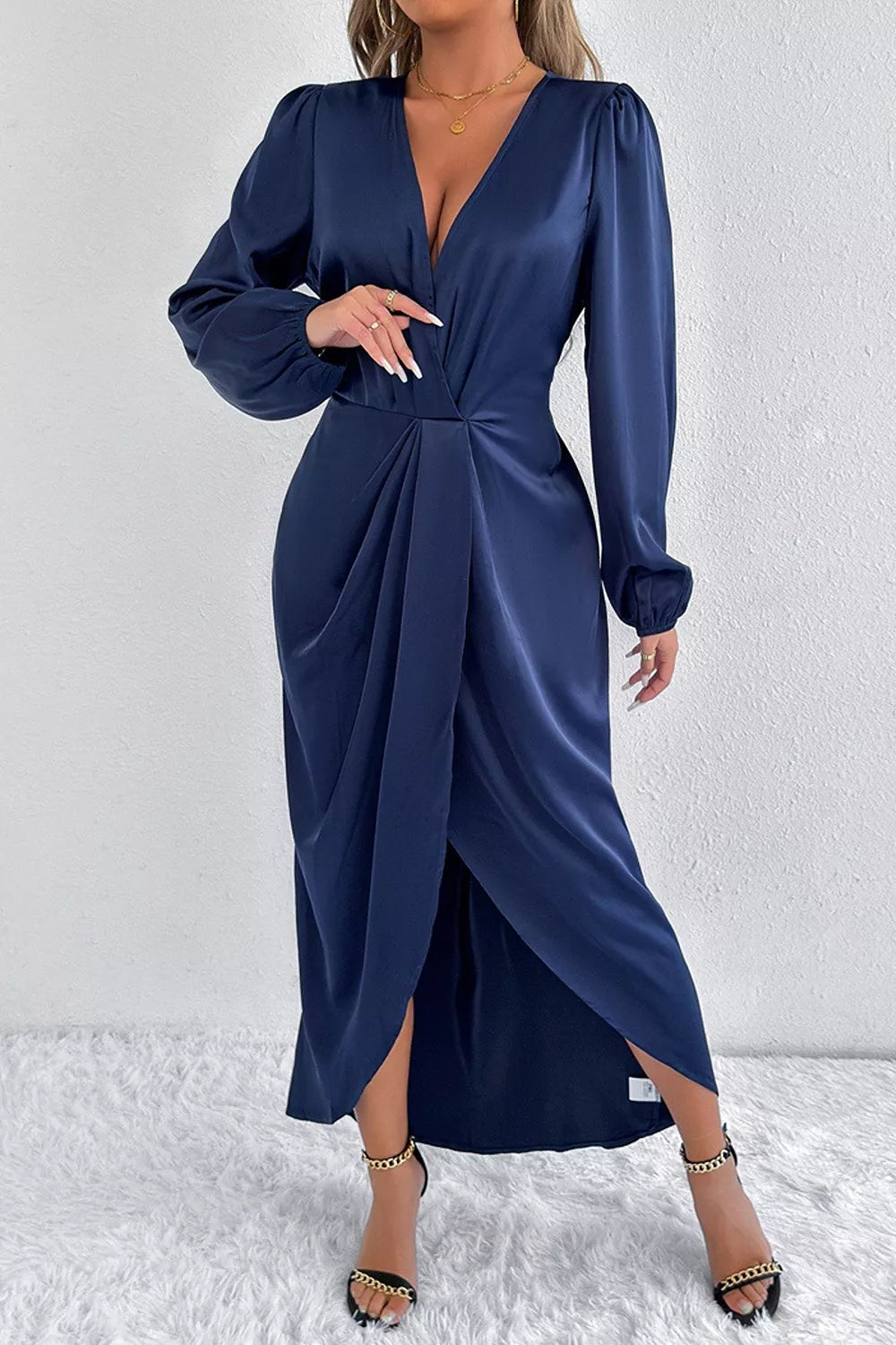 Satin Balloon Sleeve Midi Dress with Side Split
