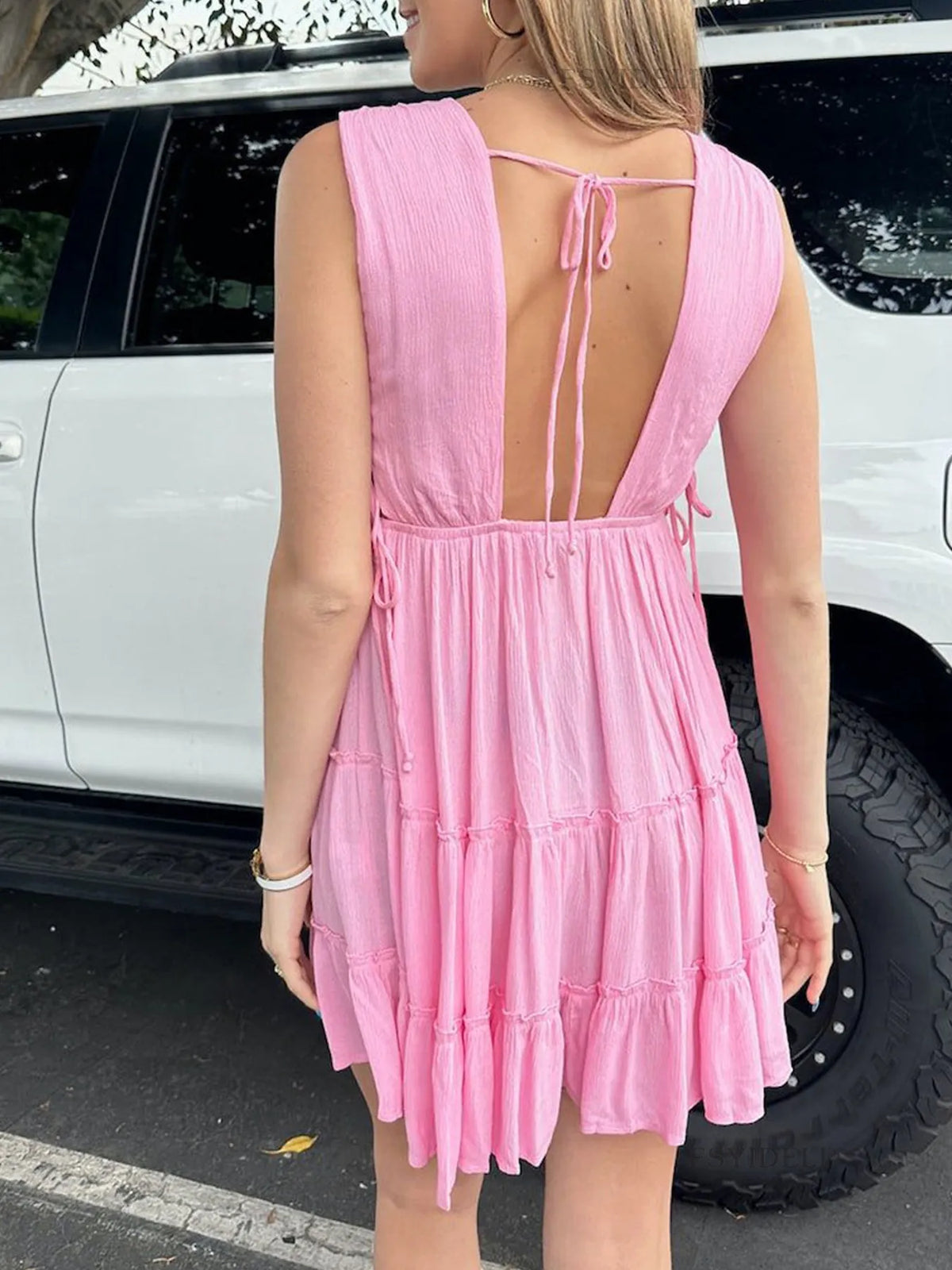 Ruched Lace-Up Tiered Mini Dress