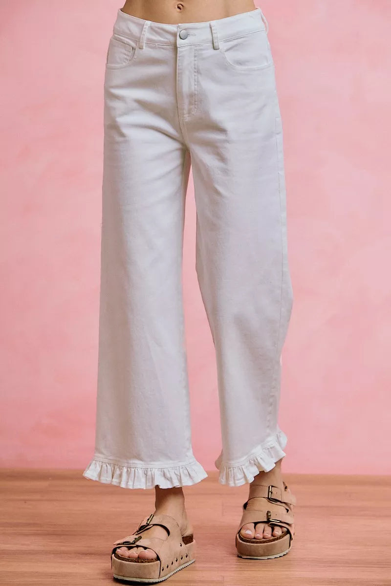 So Me Ruffled Hem Mid Rise Jeans in White