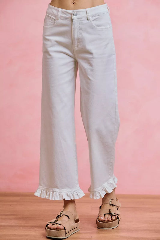 So Me Ruffled Hem Mid Rise Jeans in White