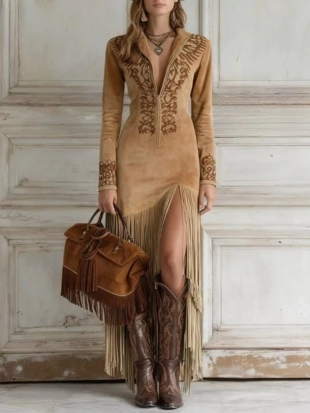 Western Suede Fringed Maxi Dress in Camel