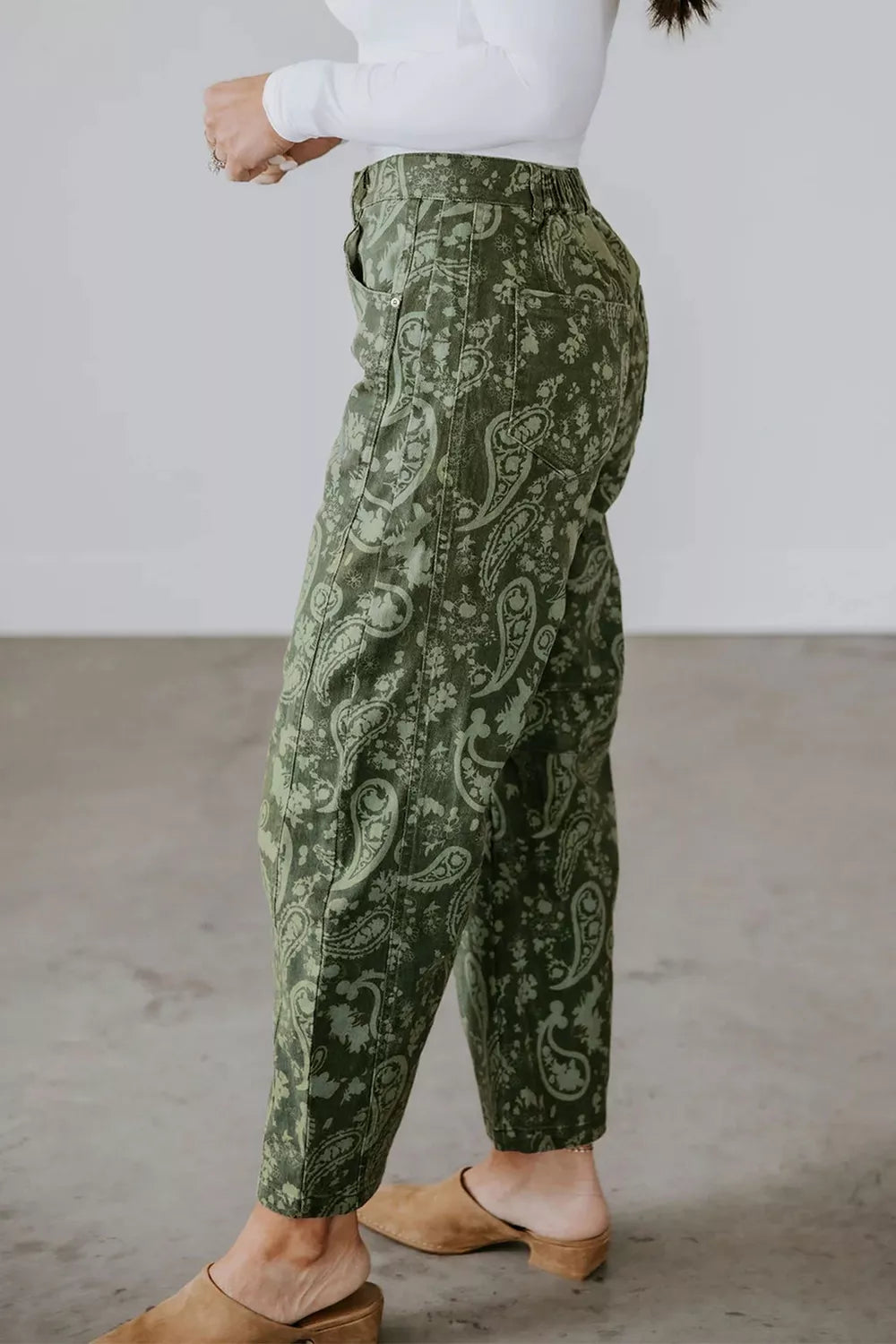 Paisley Print Harem Denim Pants in Dark Green