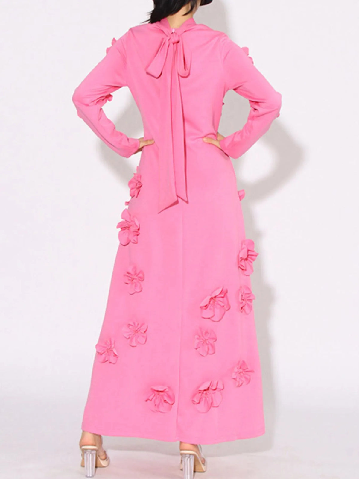 Floral Applique Long Sleeve Maxi Dress in Pink