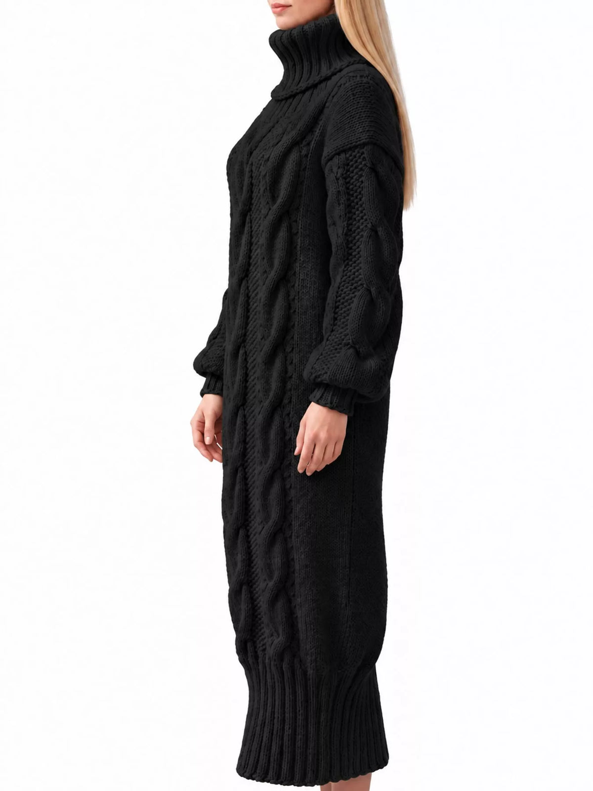 Oversized Chunky Cable Knit Turtleneck Sweater Dress