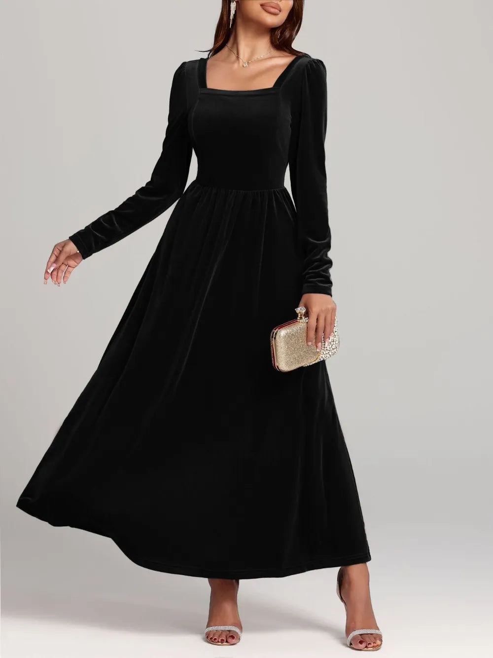 Velvet Square Neck Backless Dress