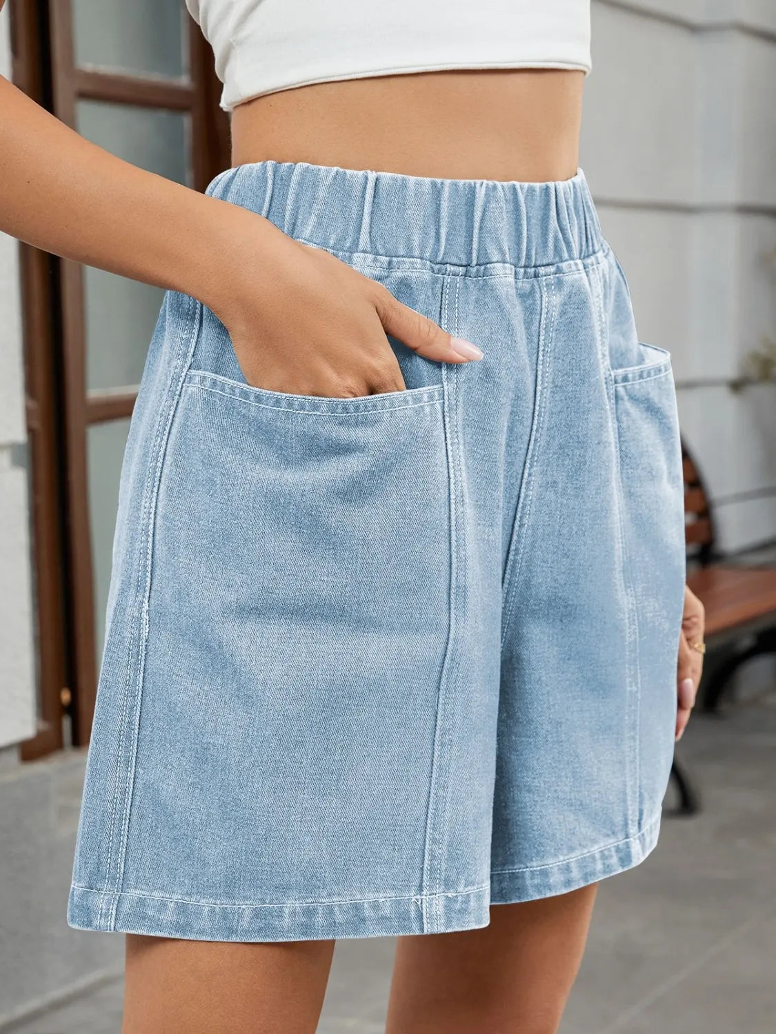 Elastic Waist Denim Shorts by Moni Wear