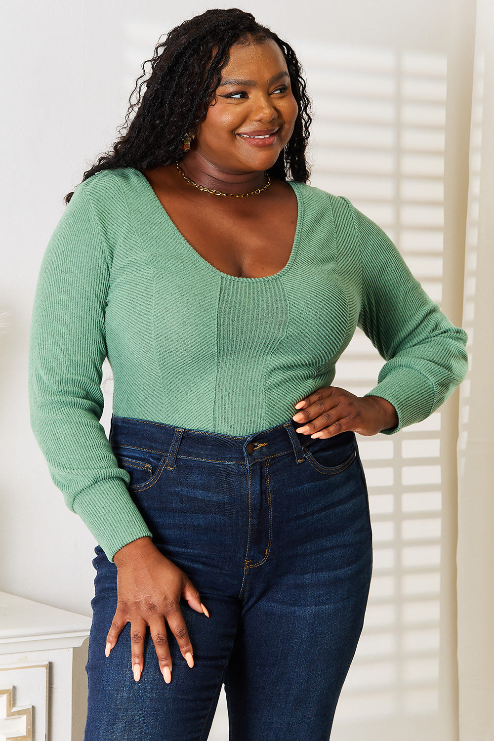 Basic Bae Scoop Neck Long Sleeve Top in Green