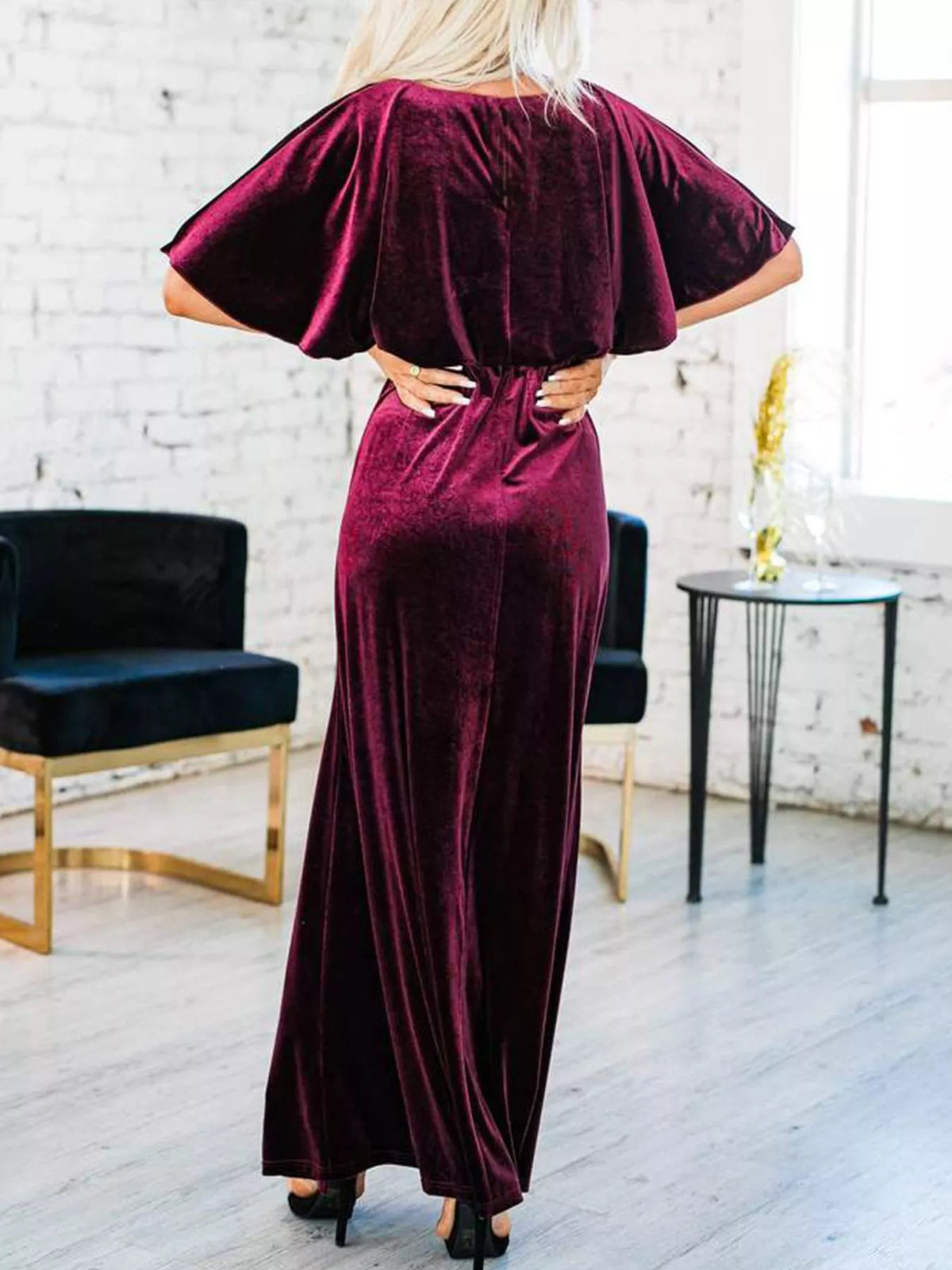Flutter-Sleeve Velvet Maxi Dress