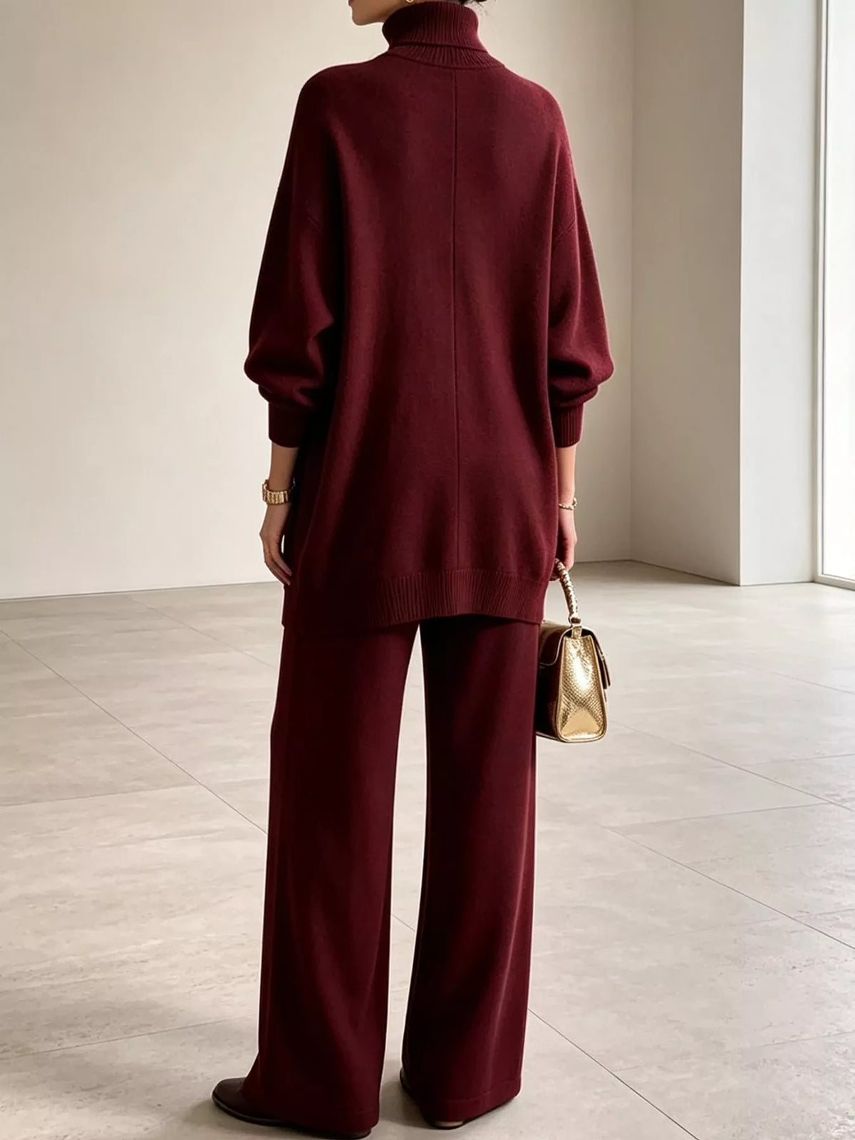 Ribbed Turtleneck Top and Pants Sweater Set