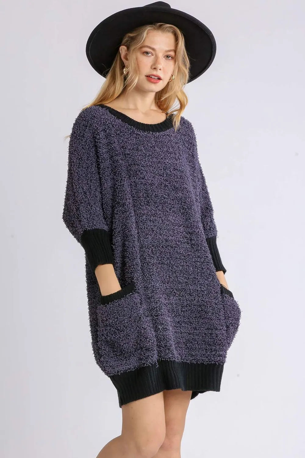 Umgee Ribbed Hem Sweater Dress in Black